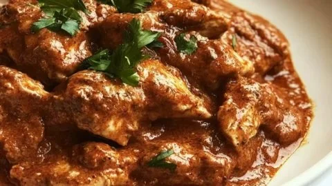 Delicious Chicken Paprikash served with noodles and garnished with parsley