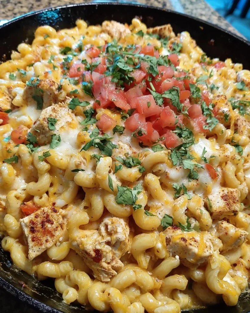 Creamy Chicken Taco Mac Cheese topped with cheese and spices