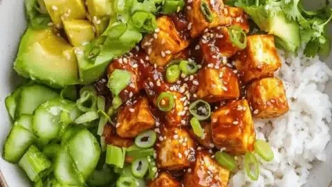 Chili Crisp Tofu Bowls with vegetables and spicy sauce, perfect for dinner