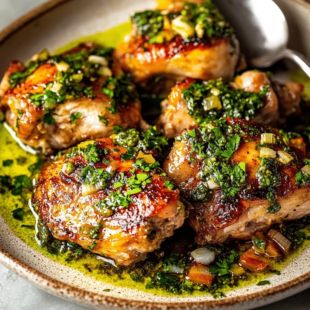 Delicious chimichurri chicken thighs grilled to perfection with vibrant green sauce