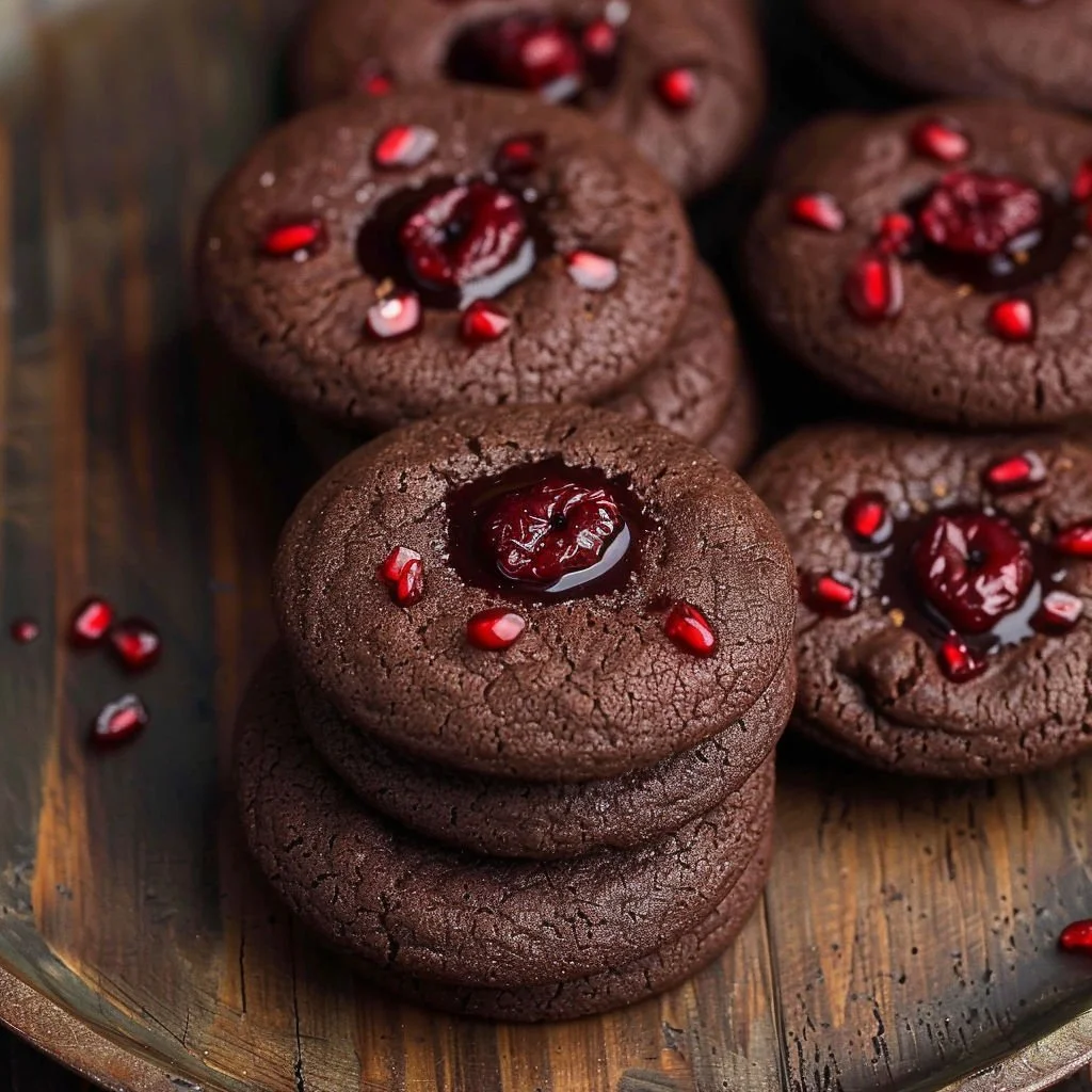 Plate of freshly baked chocolate cherry cookies with chocolate chunks and cherries