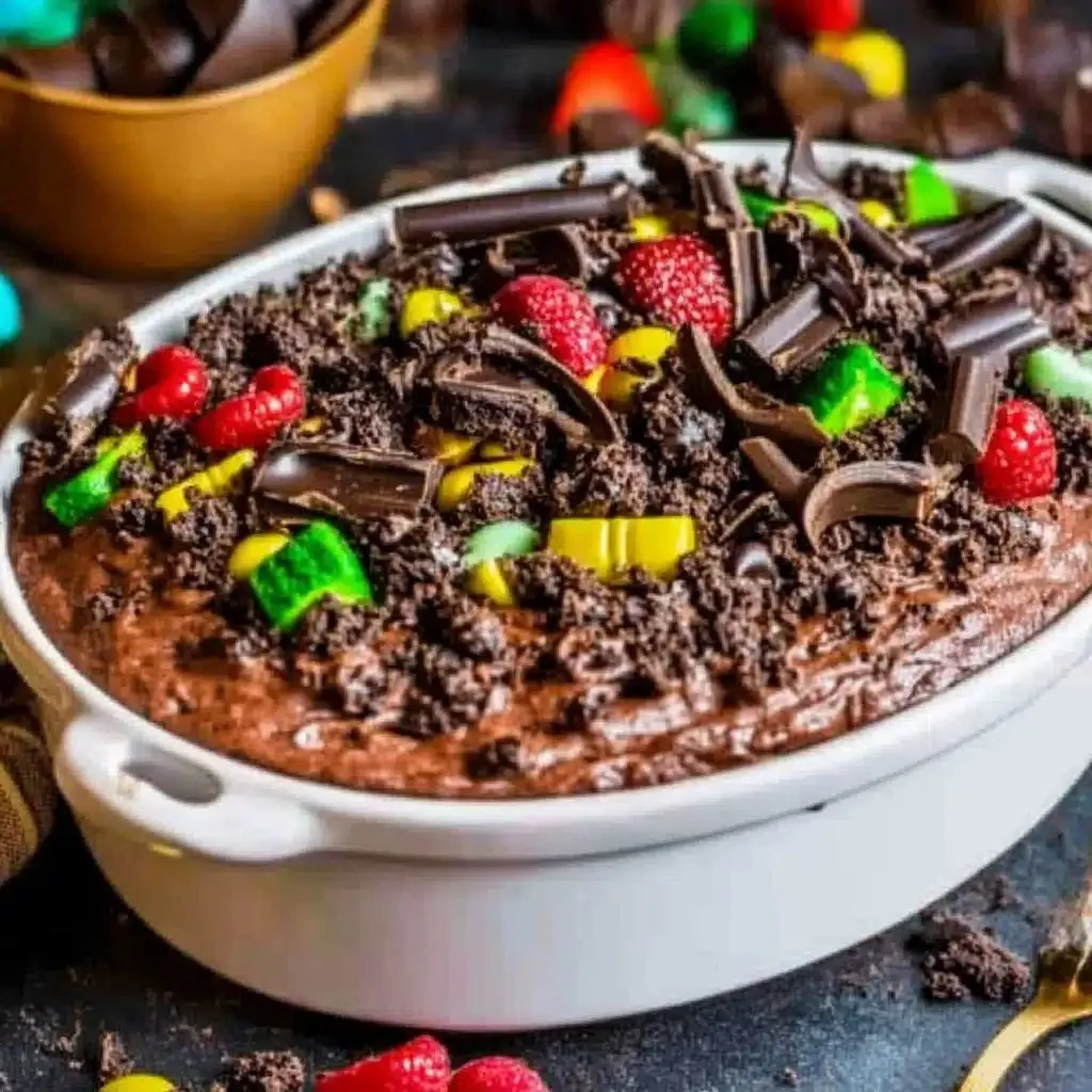 Chocolate pudding dirt cake decorated for Halloween