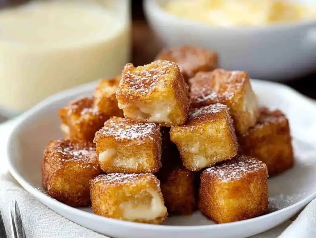 Delicious cinnamon French toast bites served on a plate with syrup