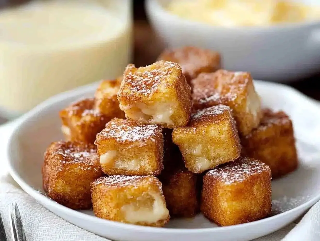 Delicious cinnamon French toast bites served on a plate with syrup