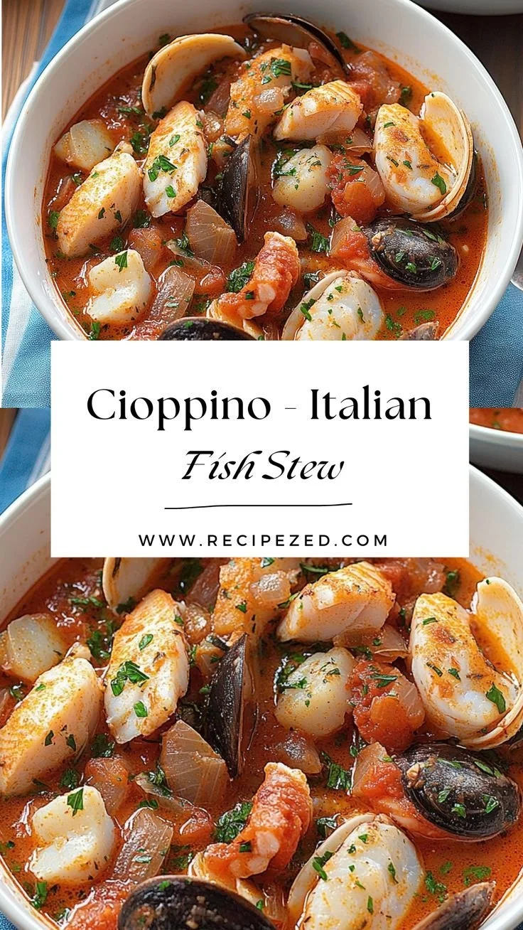 Bowl of traditional cioppino Italian fish stew with seafood