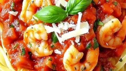 Classic Shrimp Fra Diavolo Pasta served in a bowl with a spicy marinara sauce.