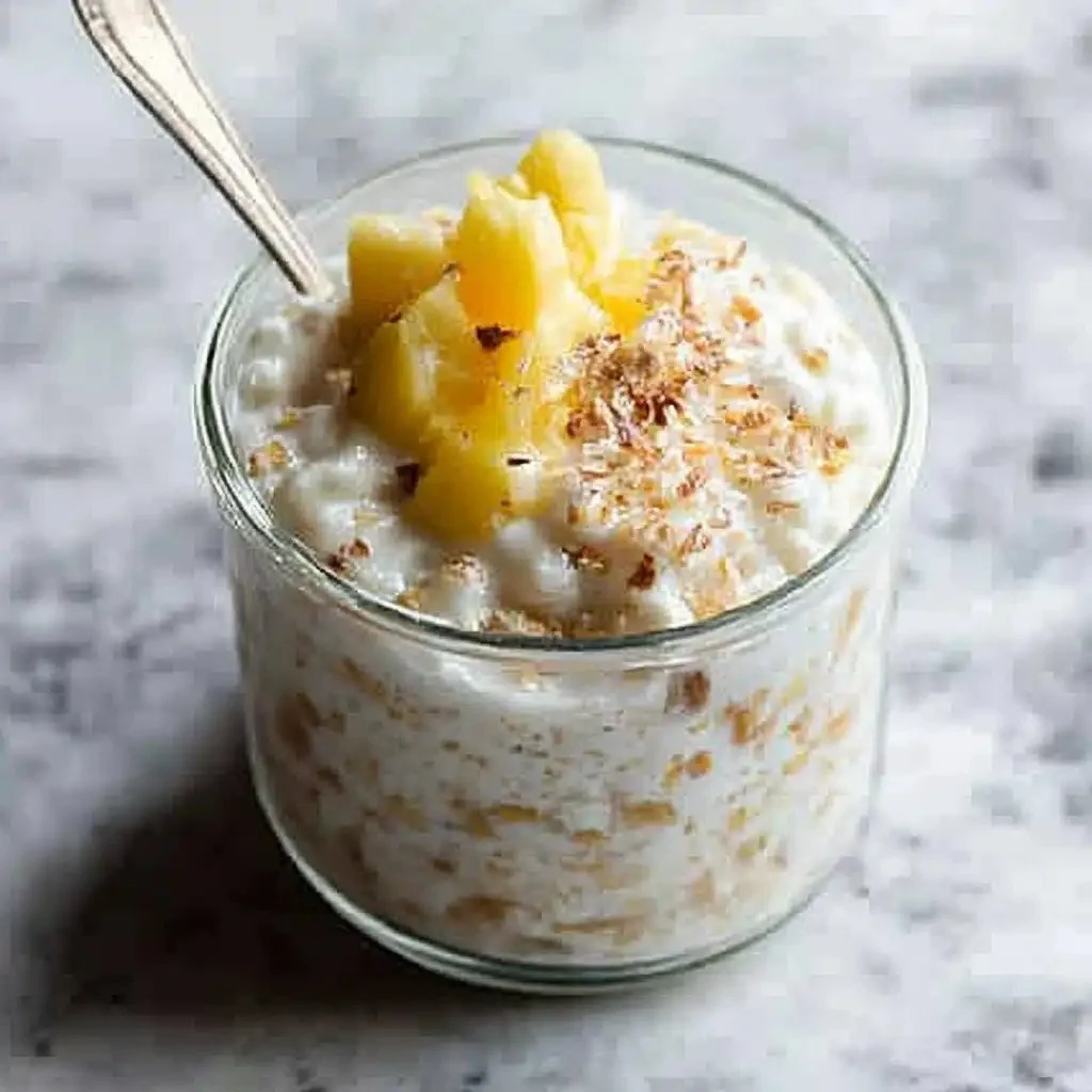 Coconut Cream Pie Overnight Oats topped with coconut flakes and fresh fruit.