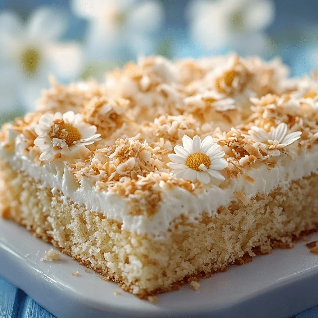 Delicious Coconut Topped Lazy Daisy Cake on a cake stand