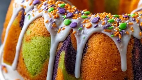 Colorful Halloween Bundt Cake with festive decorations and spooky toppings