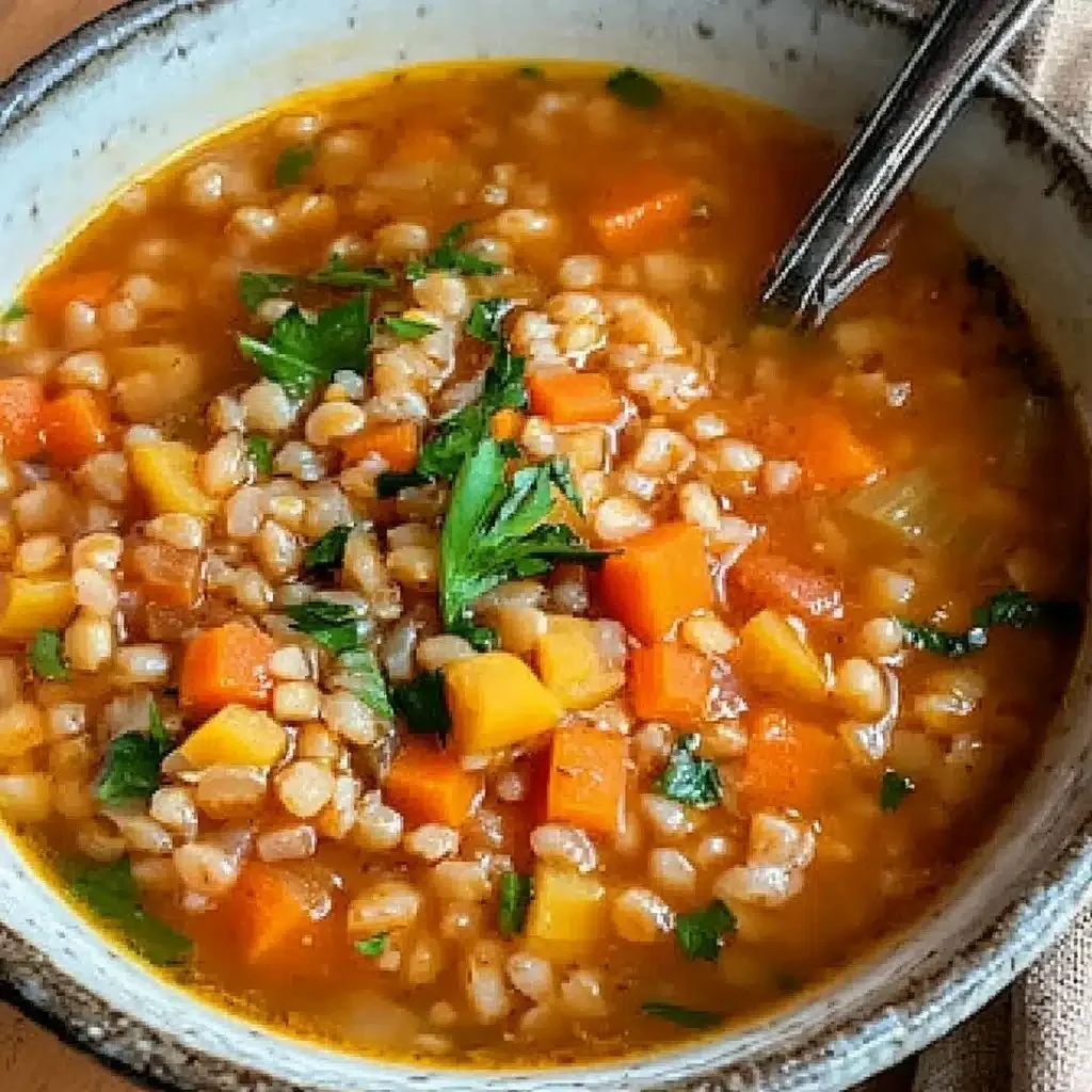 Bowl of healthy vegetable barley soup with fresh vegetables and barley grains