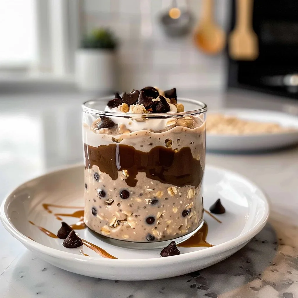 Bowl of cookie dough overnight oats topped with chocolate chips and nuts