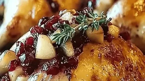 Apple-cranberry stuffed Cornish hens served on a festive table.