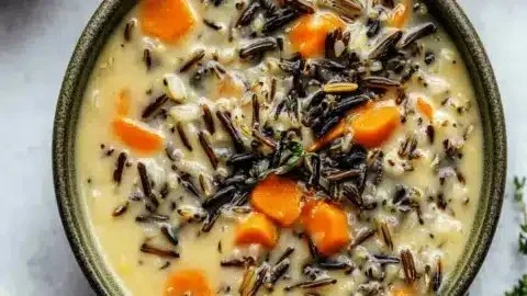 Bowl of cozy Minnesota wild rice soup garnished with herbs and spices