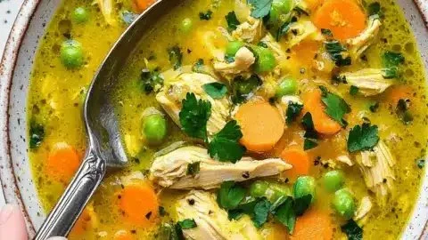 A bowl of turmeric chicken soup garnished with herbs in a cozy setting