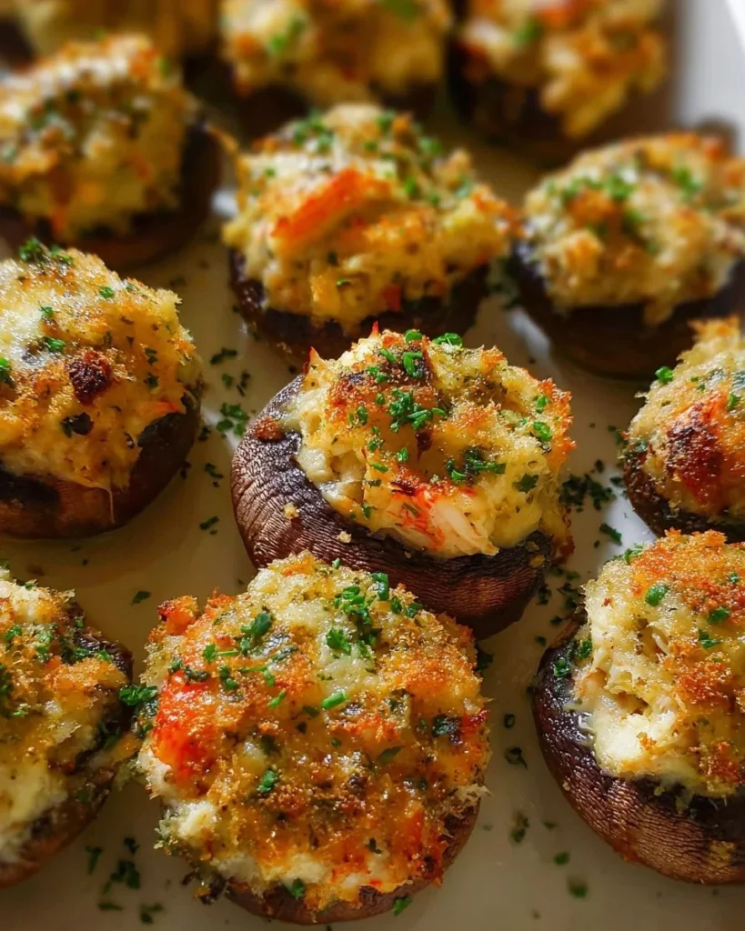 Delicious crab stuffed mushrooms garnished and ready to serve