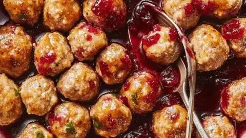 Cranberry-glazed turkey meatballs on a festive dinner plate