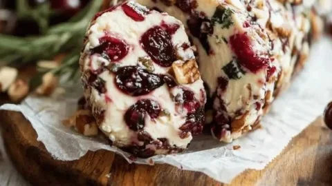 Cranberry Pecan Cheese Log garnished with nuts and cranberries