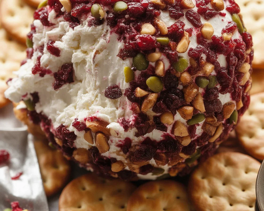 Cranberry Pecan Cheese Log topped with pecans and dried cranberries, ideal for parties.