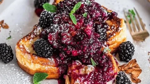 Cream cheese stuffed French toast topped with blackberry compote