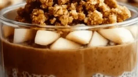 Creamy apple crumble chia pudding served in a bowl for a cozy breakfast.