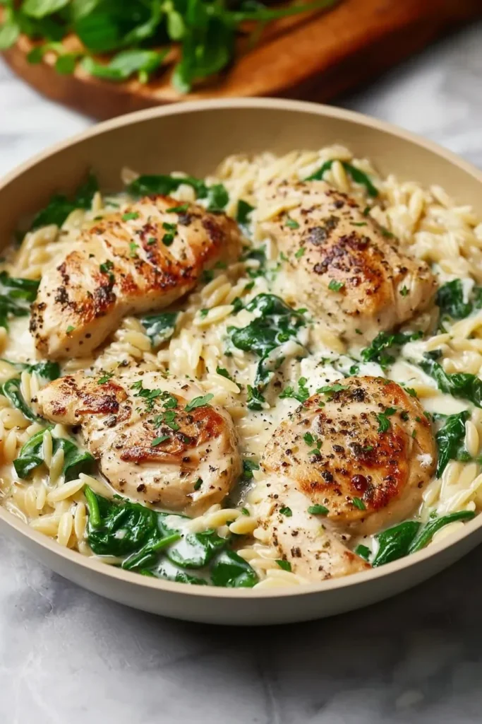 Creamy Boursin orzo dish with chicken and spinach served in a bowl