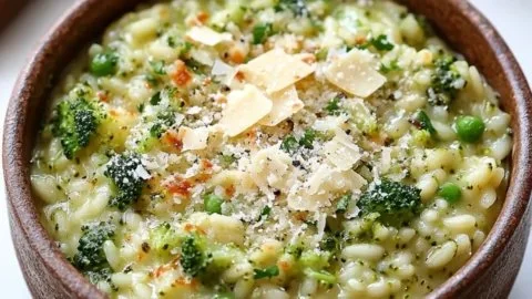 Creamy broccoli parmesan risotto served in a bowl garnished with fresh herbs.