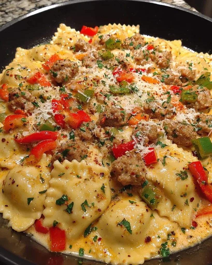 Creamy Cajun sausage ravioli served with a sprinkle of herbs and spices