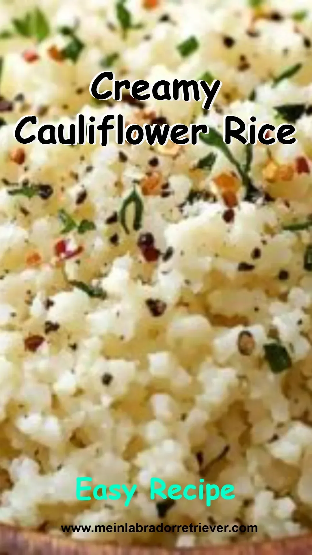 Creamy cauliflower rice served in a bowl with herbs and spices