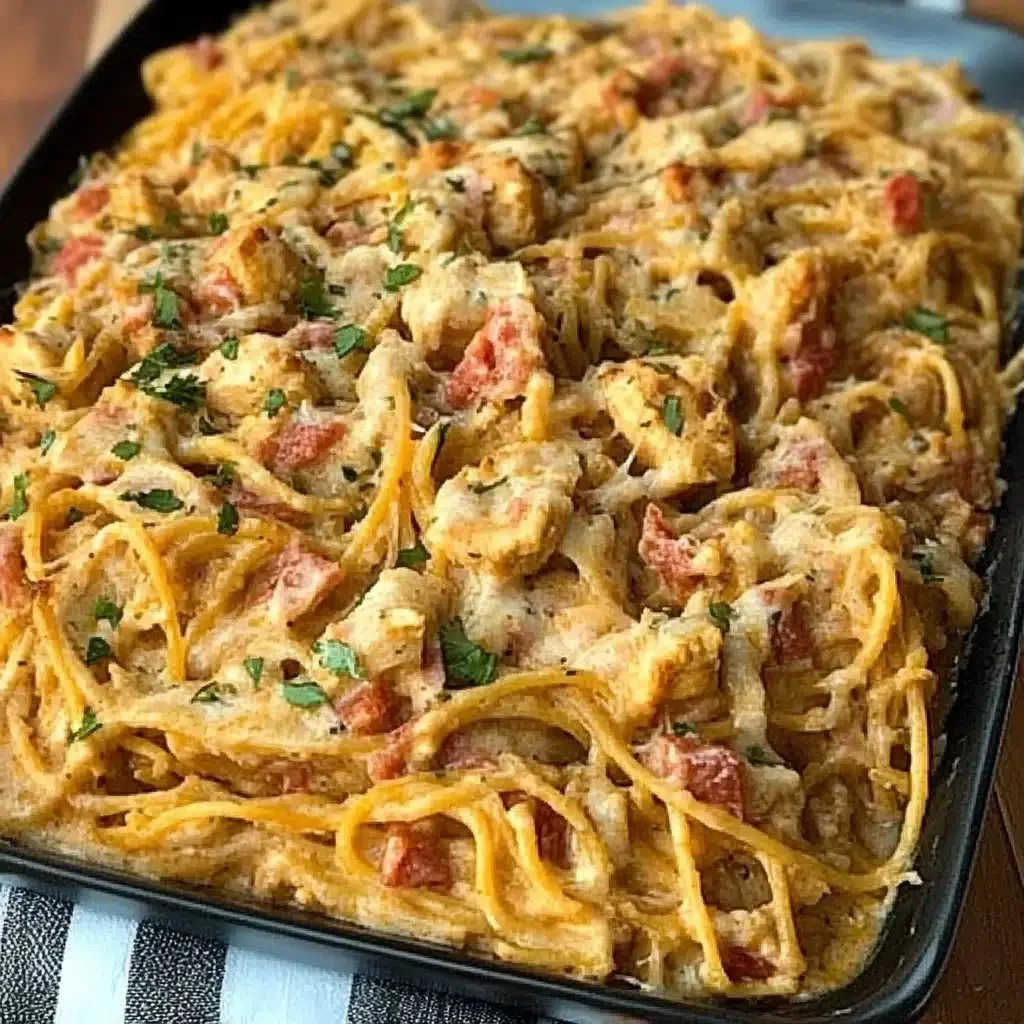 Delicious creamy chicken spaghetti casserole served in a cozy dish