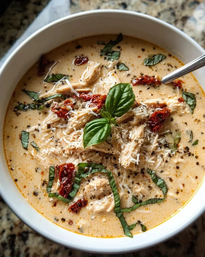Bowl of creamy Crockpot Marry Me Chicken Soup garnished with herbs