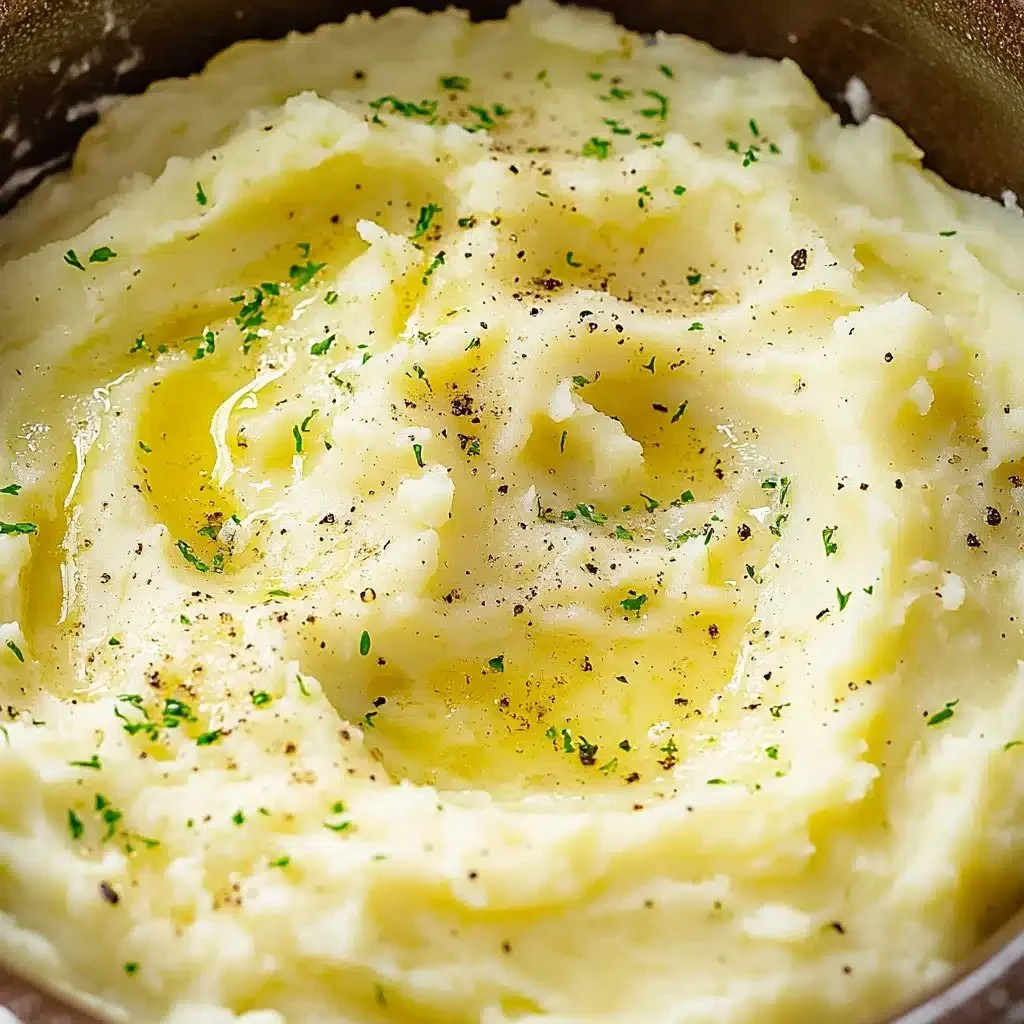 Creamy crockpot mashed potatoes served in a bowl with garnishes
