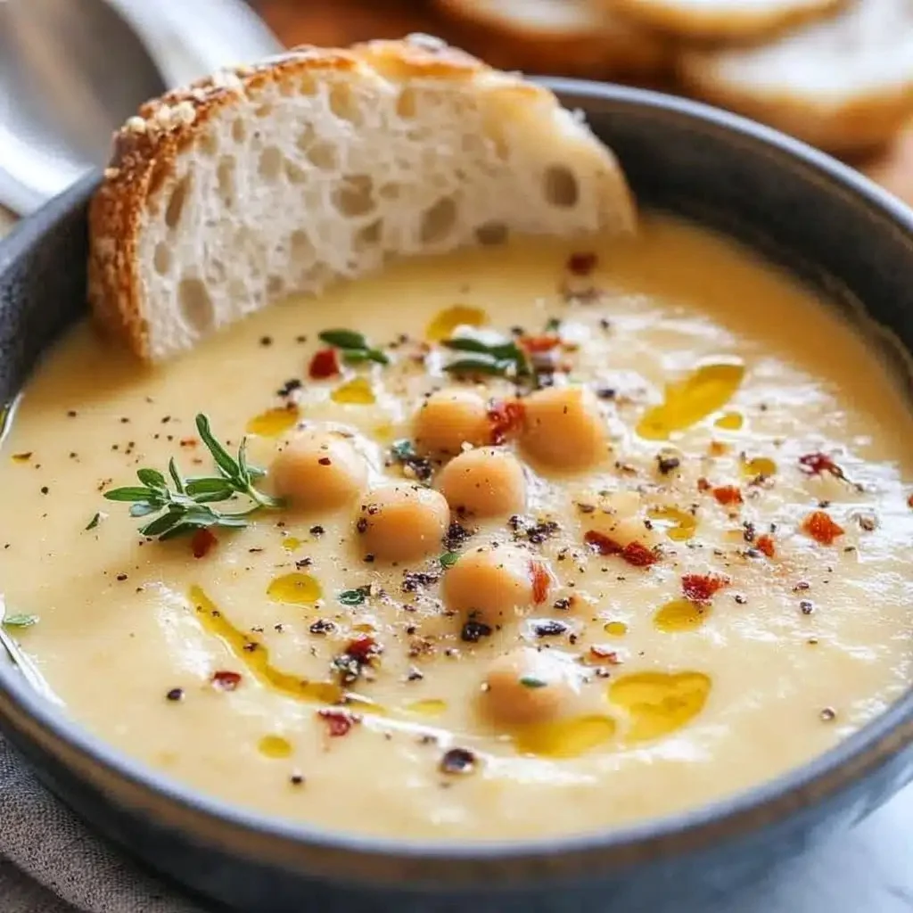 Bowl of creamy garlic chickpea soup garnished with herbs, showcasing its vegan ingredients.