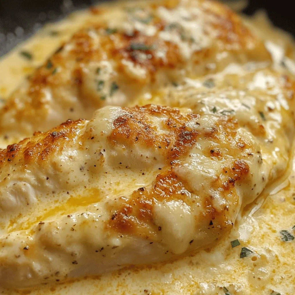 Creamy garlic parmesan chicken dish served on a plate with herbs and spices