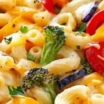 Creamy macaroni and cheese topped with colorful roasted vegetables