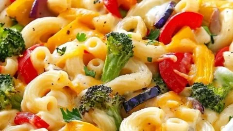 Creamy macaroni and cheese topped with colorful roasted vegetables