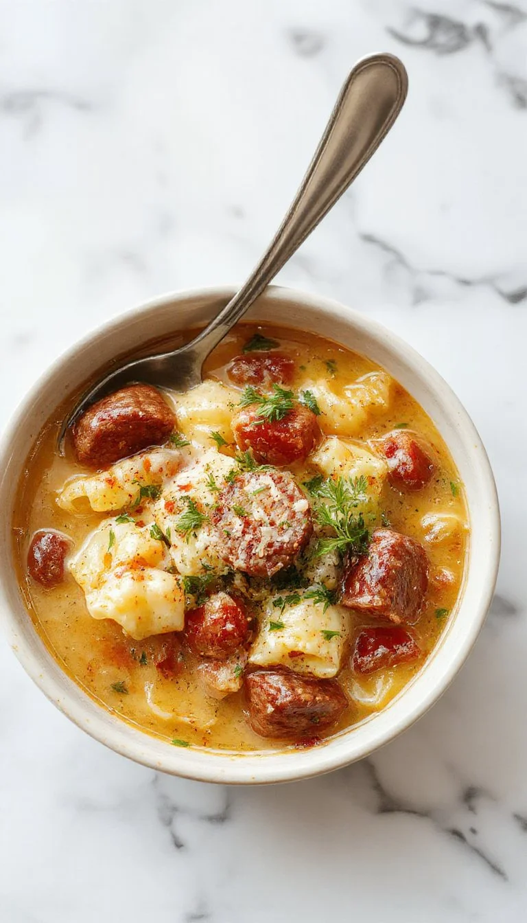 Creamy Parmesan Sausage Soup with ditalini pasta in a comforting bowl.