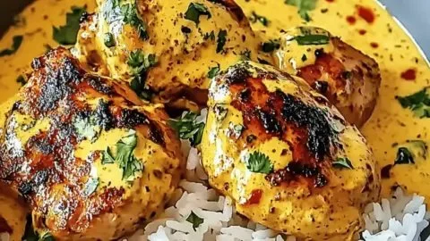 Creamy peri-peri chicken served over rice, a perfect comfort food dish.
