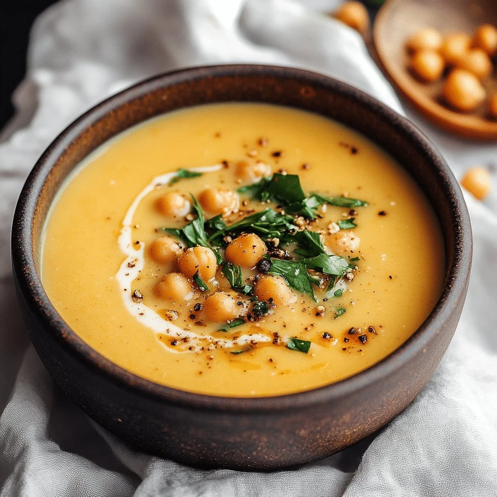 Creamy roasted garlic chickpea soup in a bowl garnished with herbs