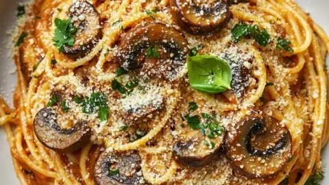 Creamy roasted red pepper pasta dish garnished with mushrooms and herbs