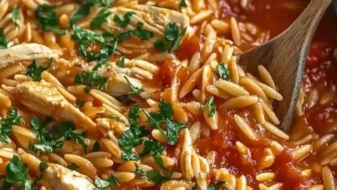 Creamy tomato orzo with chicken served in a bowl
