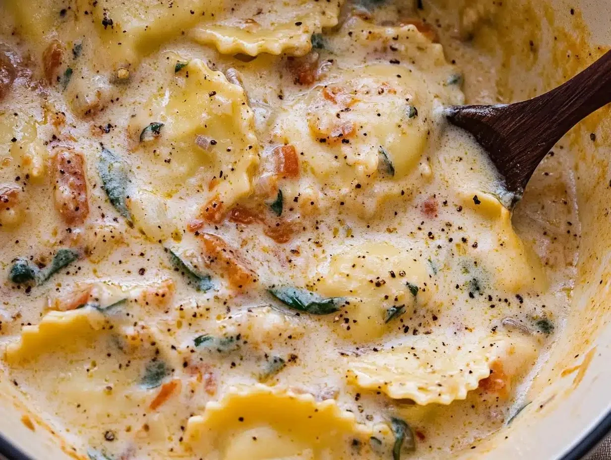 Delicious creamy Tuscan ravioli soup in a rustic bowl, garnished with herbs.