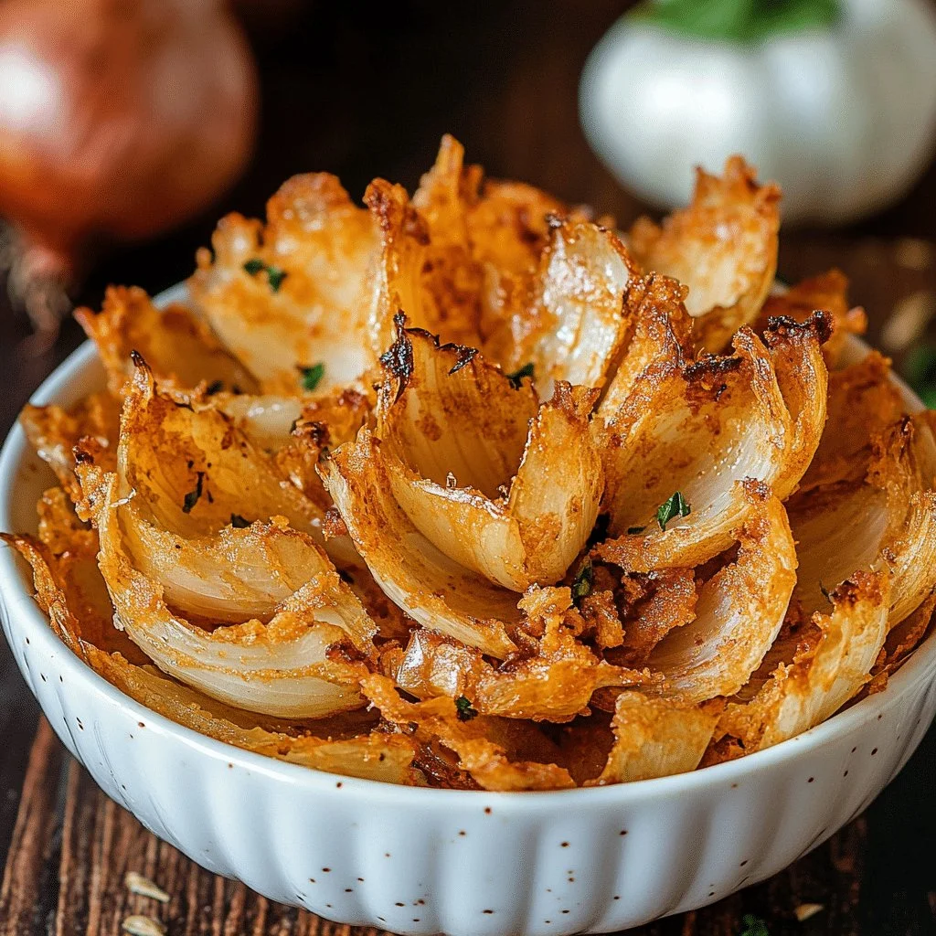 Crispy air fryer blooming onion petals served on a plate