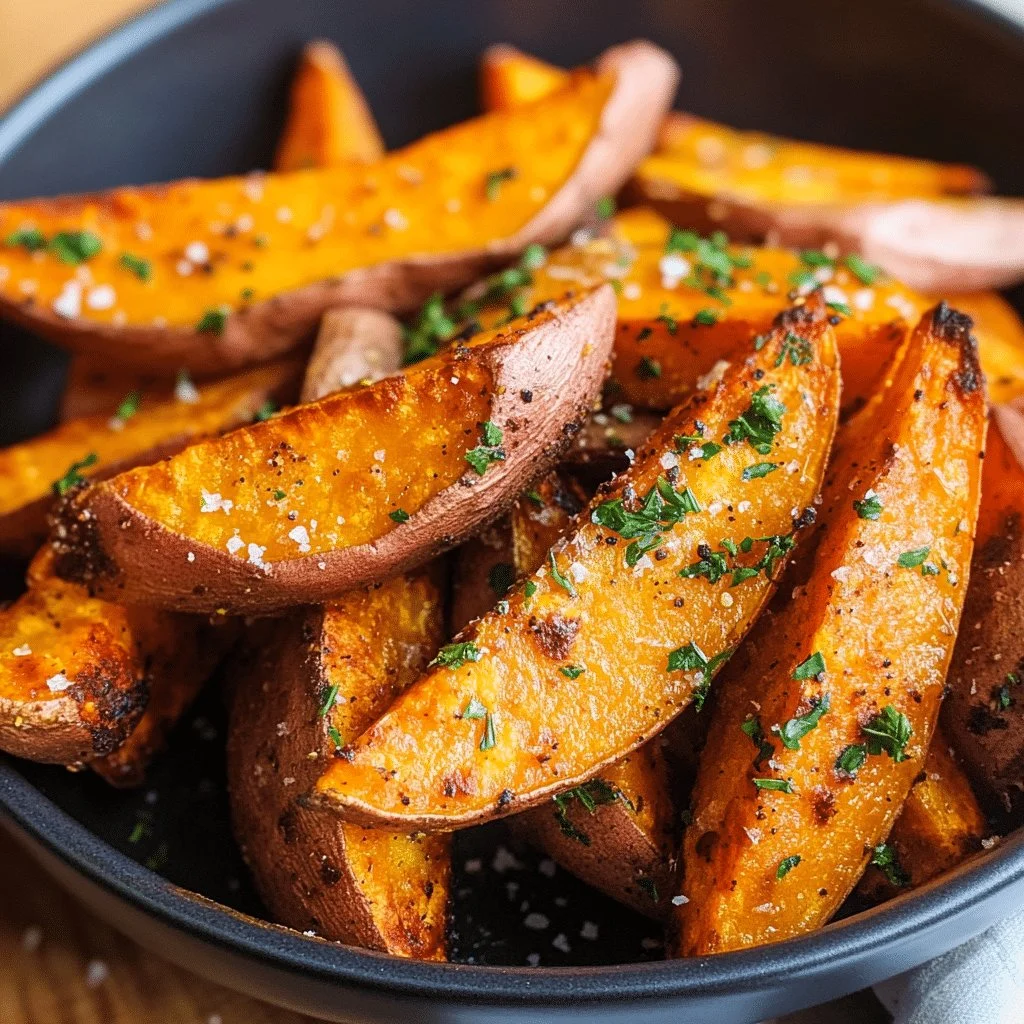 Crispy air fryer sweet potato wedges served in a bowl.
