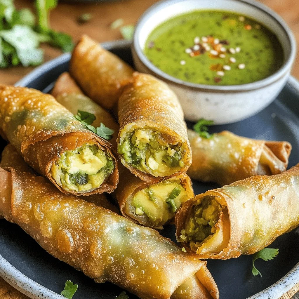 Crispy avocado egg rolls served with dipping sauce on a plate