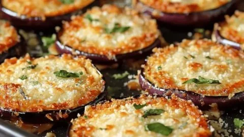Crispy Baked Eggplant Parmesan served on a plate with fresh basil garnish.