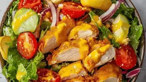 Delicious crispy chicken salad served in a bowl for weeknight dinners.