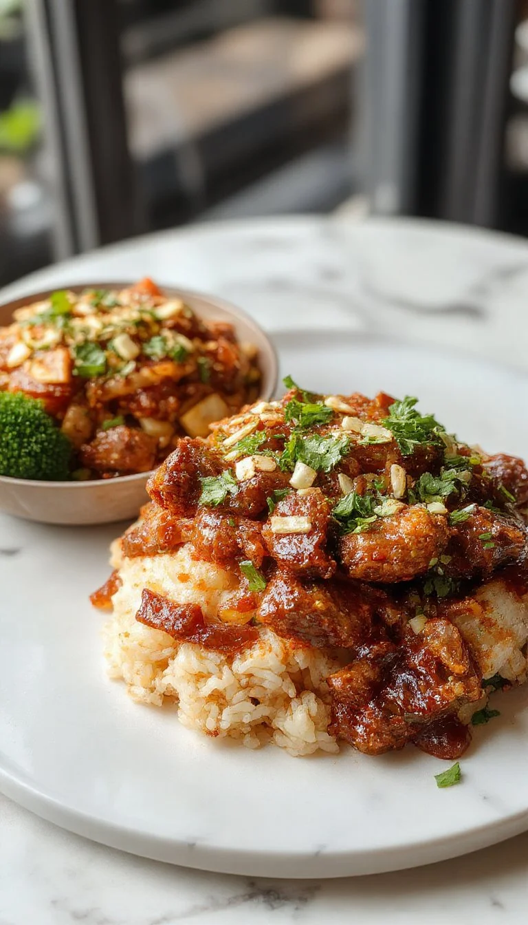 Delicious crispy chilli beef served over rice - CookTune recipe.