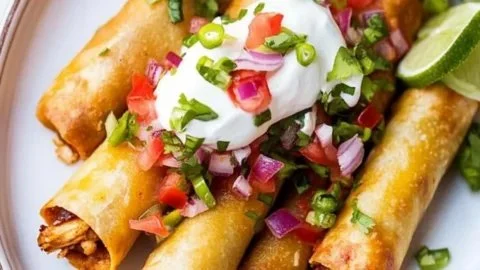 Crispy homemade chicken flautas served with salsa and guacamole