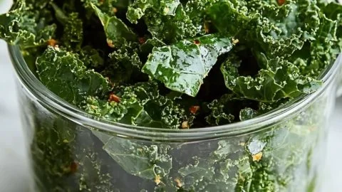 Bowl of crispy kale chips seasoned and ready to eat