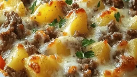 Delicious Crockpot cheesesteak potato casserole served in a bowl